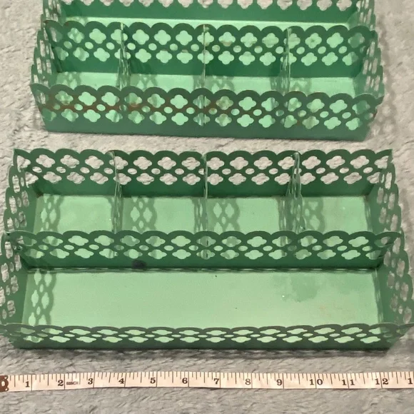 Set of 2 Mint Green Metal Organizers with Gold Patina – 13x6, Vintage Style - Picture 5 of 7